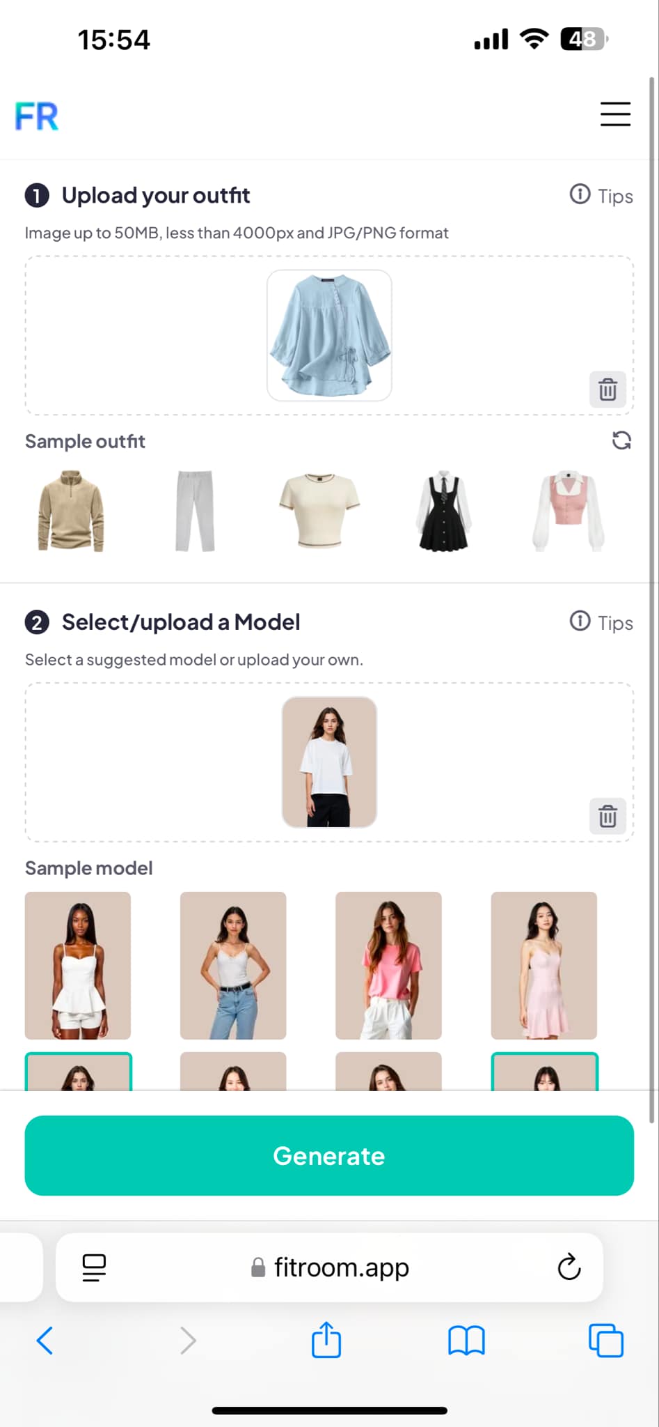 Upload an outfit to Fitroom and choose model
